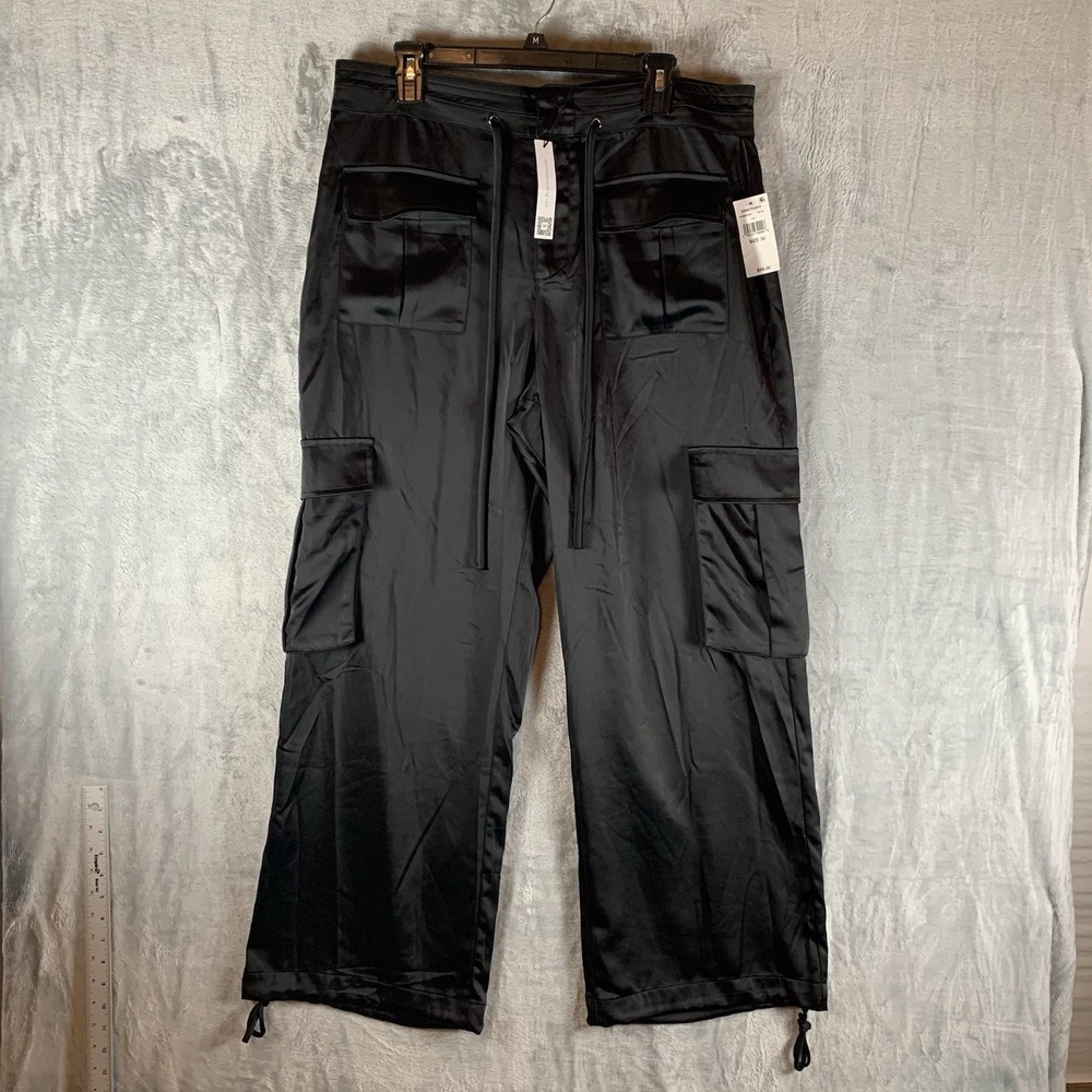 Sanctuary Women's Cargo Pants 32 Wide Leg Satin‎ Drawstring Black Pockets NWT